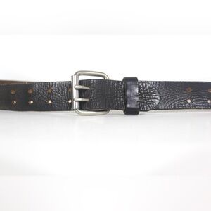 Black Leather Belt with Double Prong Silver Buckle Distressed Worn In